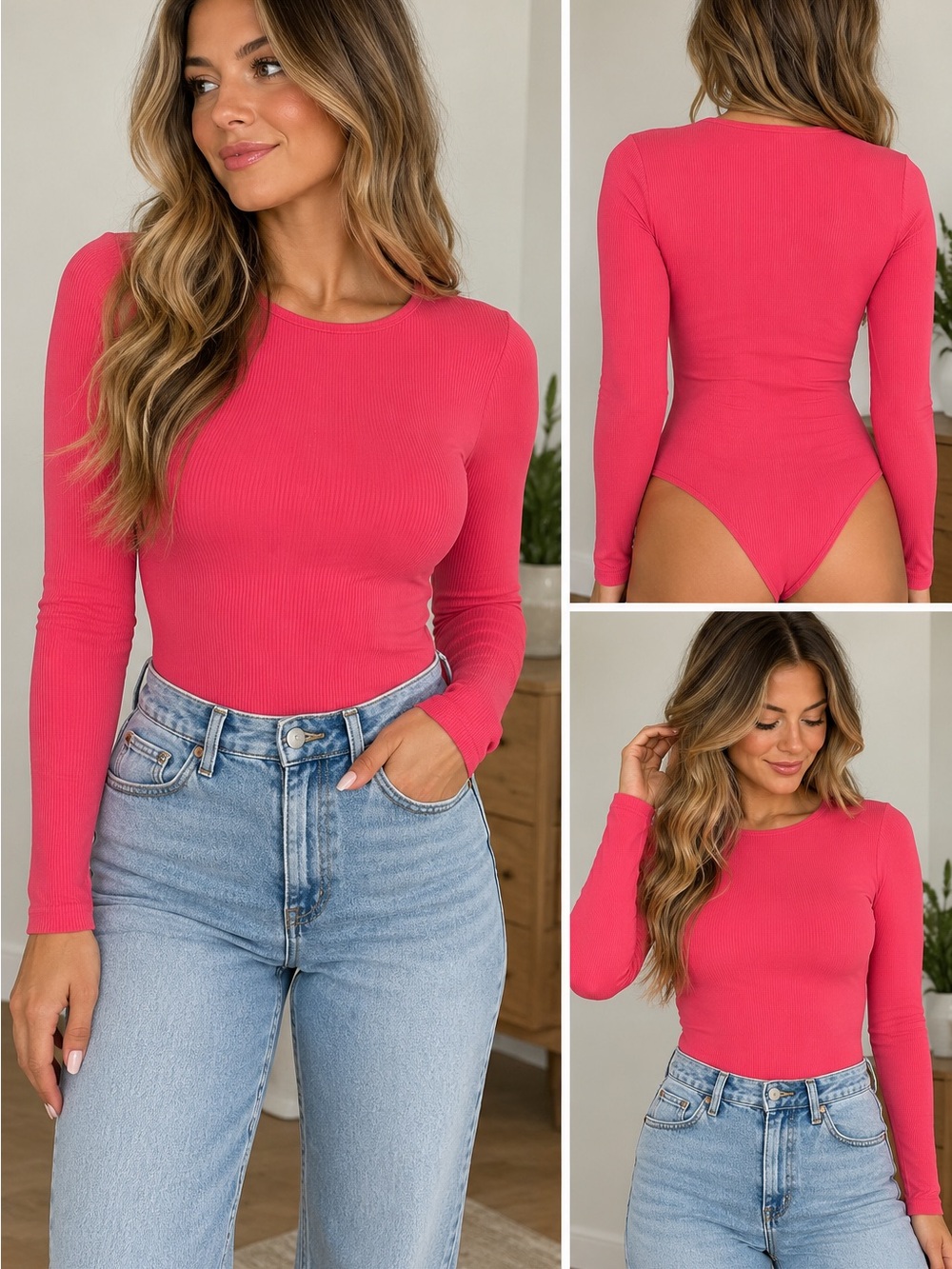 Steve Madden Ribbed Long Sleeve Bodysuit - Hot Pink